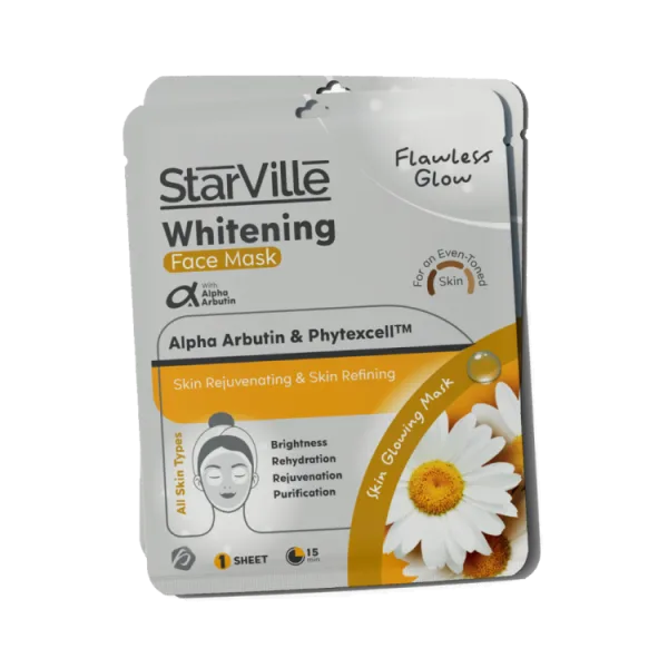 StarVille Flawless Glow تفتيح تفتيح ونضارة & Rejuvenating Facial Sheet Mask with Alpha Arbutin & Phytexcell for All Skin Types