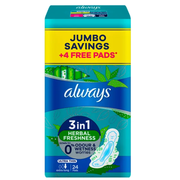 Always 3in1 Herbal Freshness Odorless & Wetness Ultra Thin إكسترا Long Pads with Wings (20+4 Free)