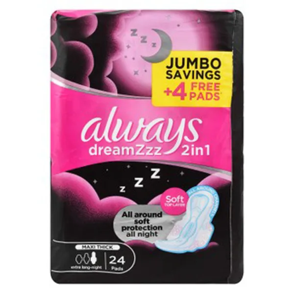 Always DreamZzz 2in1 Maxi Thick إكسترا Long ليلي Pads with Wings (20+4 Free)